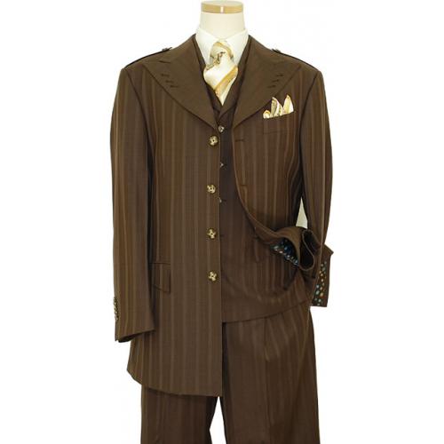 Masteloni Collection Chocolate Brown With Camel / Sky Blue Pinstripes Super 140'S Vested Suit 596201